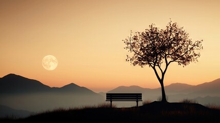 Wall Mural - a hilltop bench sits beneath a full moonlit tree