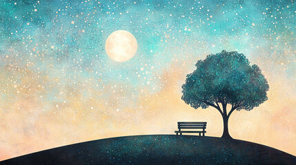 Wall Mural - a painting depicts a lone tree with bench beneath moon-lit sky, surrounded by stars