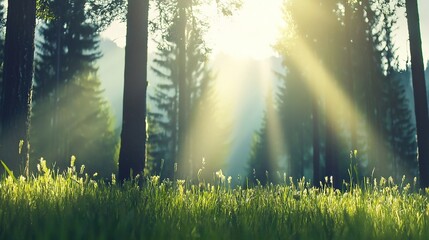 Wall Mural -   The sun illuminates a lush, green field dotted with towering trees