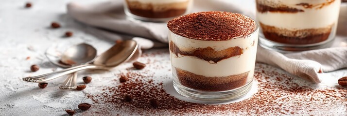 Poster - Delightful Tiramisu Served in an Elegant Glass Cup With a Marble-White Background Showcasing Aesthetic Food Styling