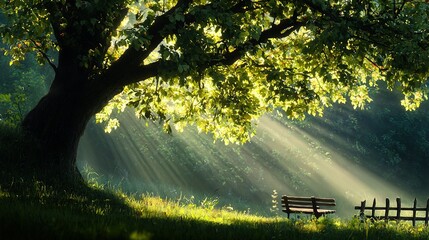 Wall Mural -   A large tree casts sunbeams on a bench in the park