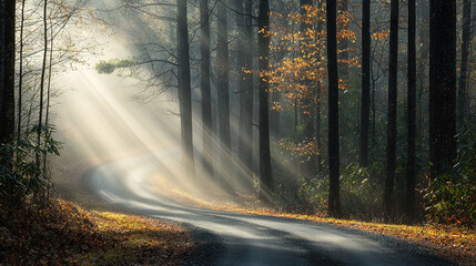Wall Mural -   Road in forest, sunbeams through leaves on ground