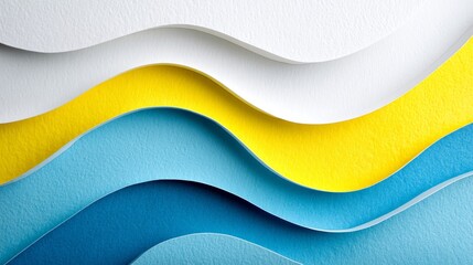 Poster - Abstract Paper Cut Wave Design - Symbolizing fluidity, growth, harmony, serenity, and creativity, this abstract showcases layered paper cut waves in shades of white, yellow, and blue