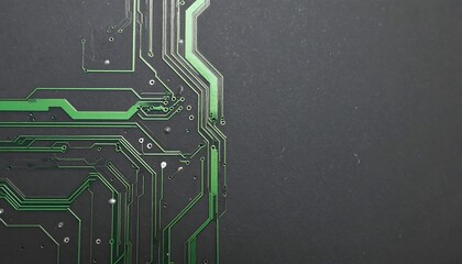 Poster - Macro shot of a dark circuit board with vibrant green traces. Represents technology, connectivity, and the digital age. Ideal for techthemed designs and abstract backgrounds.