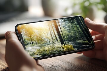 Fototapete - Creative Smartphone Mockup Displaying Innovative Photo Editing User Interface in a Serene Natural Setting