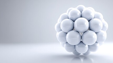 Poster - Abstract Sphere of White Spheres - A cluster of glossy white spheres forms a larger sphere, set against a light gray background. Clean, modern design