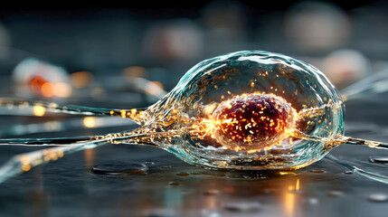 Poster - Microscopic view of an illuminated biological cell with glowing particles and transparent membrane on reflective surface