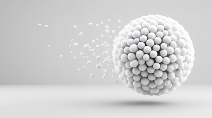 Poster - Abstract White Sphere Cluster Dispersing - Symbolizing growth, innovation, connection, disintegration, and transformation. A cluster of white spheres, some detaching, against a light gray background