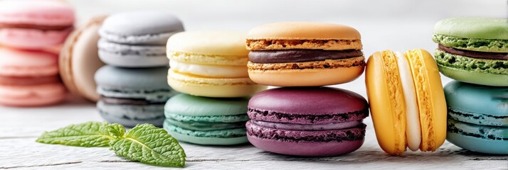 Poster - Colorful Macarons Stacked Elegantly With Mint Leaves on a White Wooden Surface in a Bright and Stylish Setting