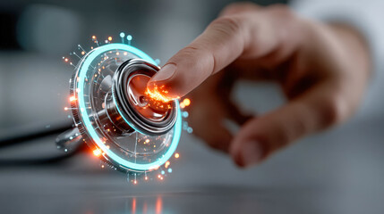Poster - Doctor hand interacting with a futuristic glowing holographic stethoscope interface, symbolizing modern healthcare technology