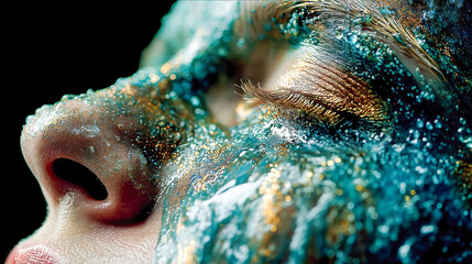 Poster - Macro artistic image of a woman face covered in shimmering blue and gold cosmetic textures, portraying beauty and elegance