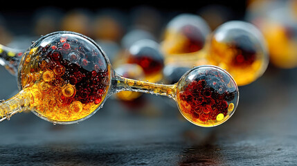 Poster - Liquid molecular structure with glowing golden and red spheres suspended in glass
