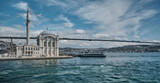 Ortaköy Mosque (Turkish: Ortaköy Camii), in Beşiktaş Istanbul, Turkey on  the Bosphorus strait with the Bosphorus Bridge in the background