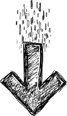 Poster - Black and white sketch of a downward arrow with scattered lines. Vector illustration