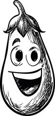 Poster - Smiling cartoon eggplant with expressive eyes and textured lines. Vector illustration