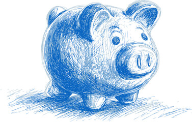 Poster - Blue ink sketch of a piggy bank with detailed shading and texture illustration. Vector illustration