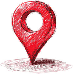 Poster - Red sketch style map pin, concept of navigation symbol. Vector illustration