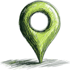 Poster - Green sketch style location pin with textured details. Vector illustration
