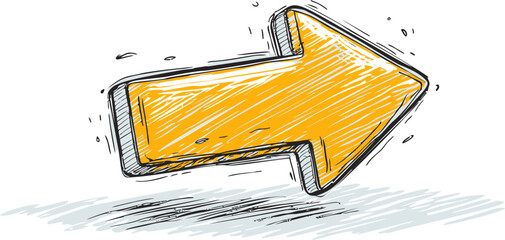 Poster - Yellow hand-drawn arrow pointing right with sketchy lines, direction concept. Vector illustration