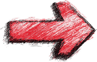 Poster - Red sketch style arrow pointing right, hand-drawn illustration. Vector illustration