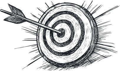 Poster - Arrow hitting the center of a sketched target, concept of precision. Vector illustration
