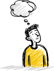 Aufkleber - Pensive young man in yellow sweater with thought bubble illustration. Vector illustration