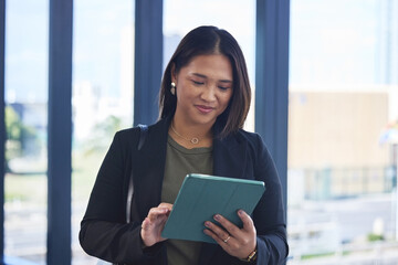 Poster - Asian woman, tablet and online for marketing project in office, social media manager and networking. Female person, app and schedule calendar in creative agency, research and plan for opportunity