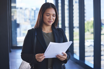 Fototapete - Asian woman, paperwork and prepare for meeting in office, accountant and reading budget report. Female person, finance and professional for project management or documents, information and research