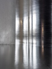 Poster - Gleaming Silver Surface and Concrete Wall - Abstract of a highly polished silver surface reflecting light and shadows, juxtaposed with a textured concrete wall. Symbolizing: modernity, reflection