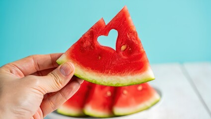 Poster - Hand holding watermelon slice with heart cut out of it.