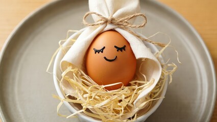 Poster - A brown egg decorated as a face with a bow on top, in a basket lined with straw, sitting on a plate.