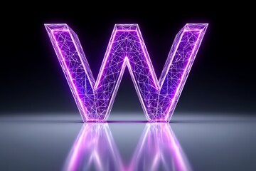 Poster - Glowing Purple Wireframe Letter W - A vibrant purple letter W, in a wireframe , glows against a dark background. Its reflective surface adds to its futuristic appeal