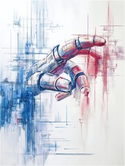 Poster - robotic hand creates abstract canvas with algorithmic lines in a modern art setting