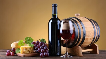 Poster - Wine bottle, wine glass, cheese board, grapes, barrel on table.