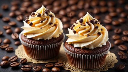 Poster - Two chocolate cupcakes with vanilla frosting and sprinkles on top, sitting on a doily next to coffee beans.