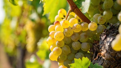 Poster - Bunches of green grapes hanging from vine in sunlight.