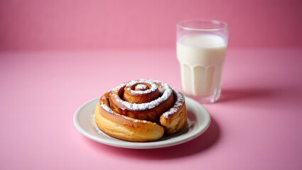 Poster - A plate of cinnamon rolls on a pink surface with a glass of milk beside it.