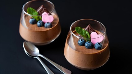 Poster - Two glasses of chocolate dessert with blueberries, chocolate shavings, and mint leaves on a black background.