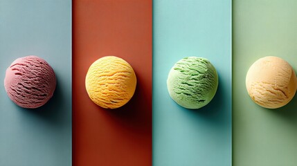 Aufkleber - Symmetrically Arranged Three-Color Ice Cream Scoops on Pastel Colored Backgrounds