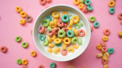 Poster - A bowl filled with colorful cereal pieces on a pink background.
