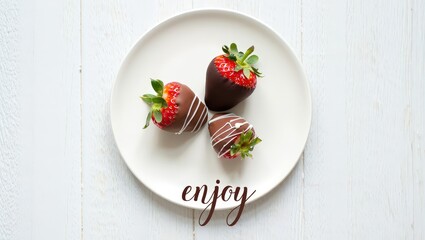 Poster - A white plate holds two chocolate-covered strawberries, one on each side of the word Enjoy written in cursive. The background is blurred but suggests a kitchen setting.