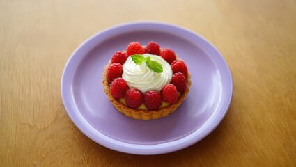 Poster - A small purple plate holds a tart topped with raspberries and whipped cream.