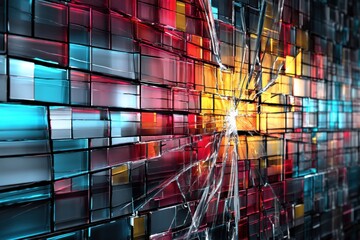Fototapete - Stylized Screen Displaying Dynamic Colors With Broken Glass and Glitch Effects Representing Technology Disruption