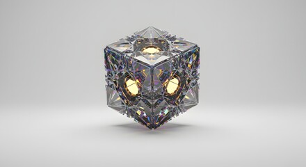 Poster - A complex crystal cube with internal lights on a white background showcasing geometric precision and design