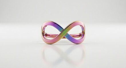 Aufkleber - Iridescent infinity symbol standing on a reflective white surface in a studio setting close up view