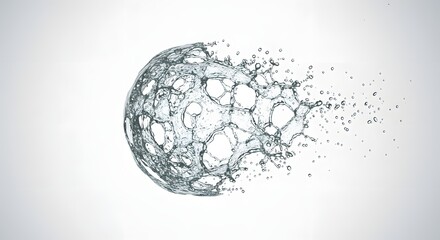 Poster - Abstract water sphere with interconnected sections and scattered droplets on white background