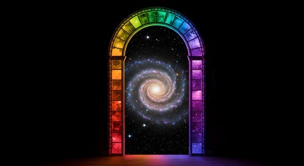 Poster - A rainbow archway framing a swirling galaxy against a dark background with cosmic light effects