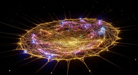 Poster - Abstract network of glowing lines and points in a spherical formation against a dark background