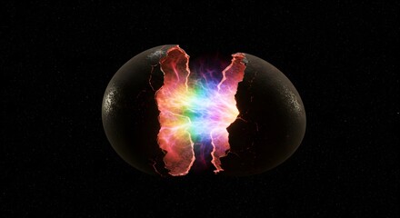Poster - A cracked dark egg with rainbow light emanating from within against a star filled black background