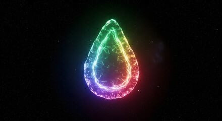 Poster - A glowing iridescent droplet shape floating in a dark space with small stars scattered around it